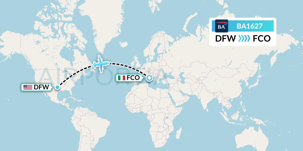 BA1627 British Airways Flight Map: Dallas to Rome