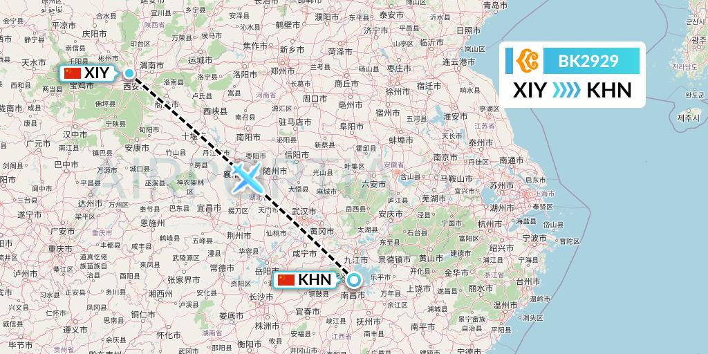 BK2929 Okay Airways Flight Map: Xi'an to Nanchang