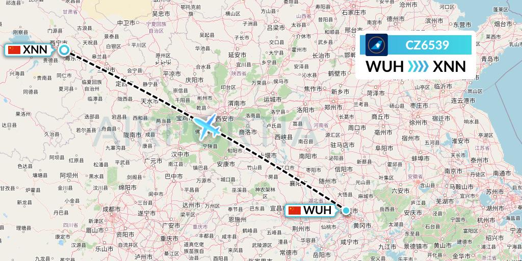 CZ6539 China Southern Airlines Flight Map: Wuhan to Xining