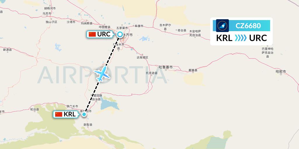 CZ6680 China Southern Airlines Flight Map: Korla to Urumqi