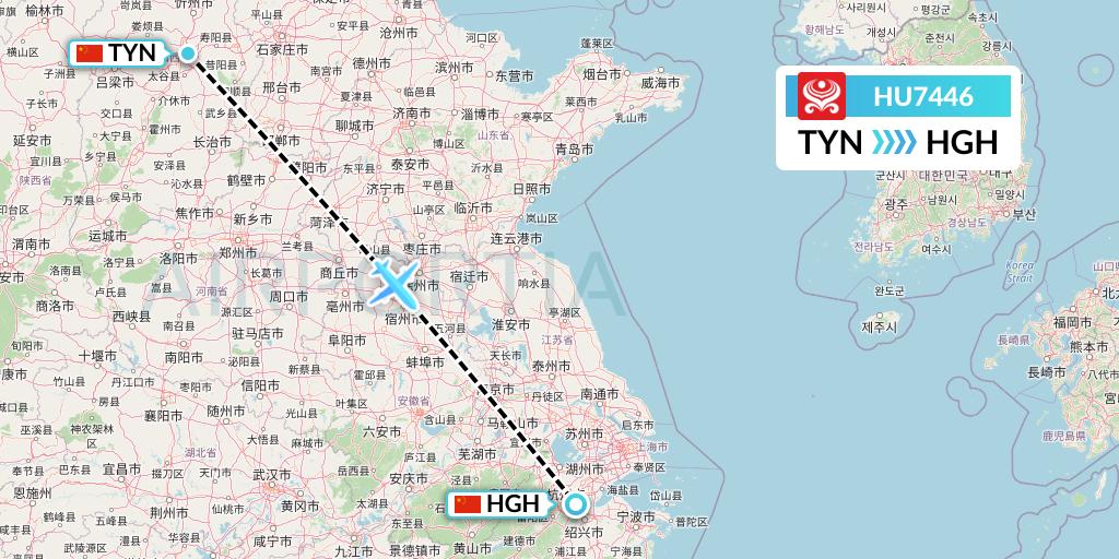 HU7446 Hainan Airlines Flight Map: Taiyuan to Hangzhou