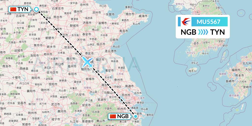 MU5567 China Eastern Airlines Flight Map: Ningbo to Taiyuan