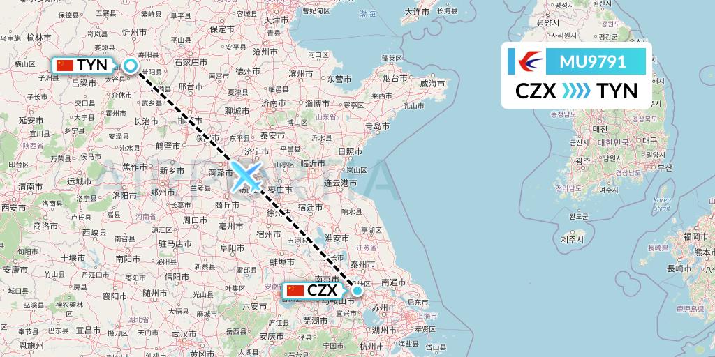 MU9791 China Eastern Airlines Flight Map: Changzhou to Taiyuan