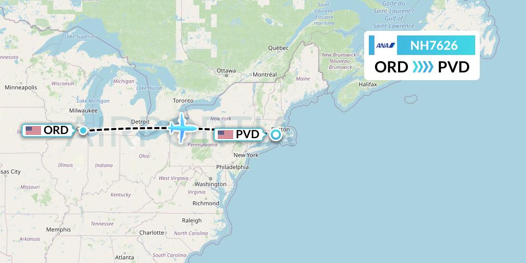 NH7626 All Nippon Airways Flight Map: Chicago to Providence