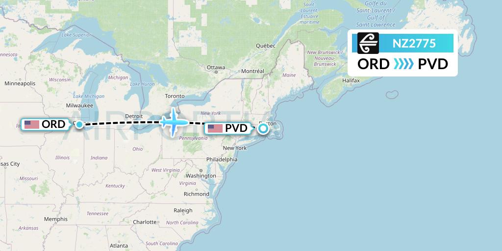 NZ2775 Air New Zealand Flight Map: Chicago to Providence