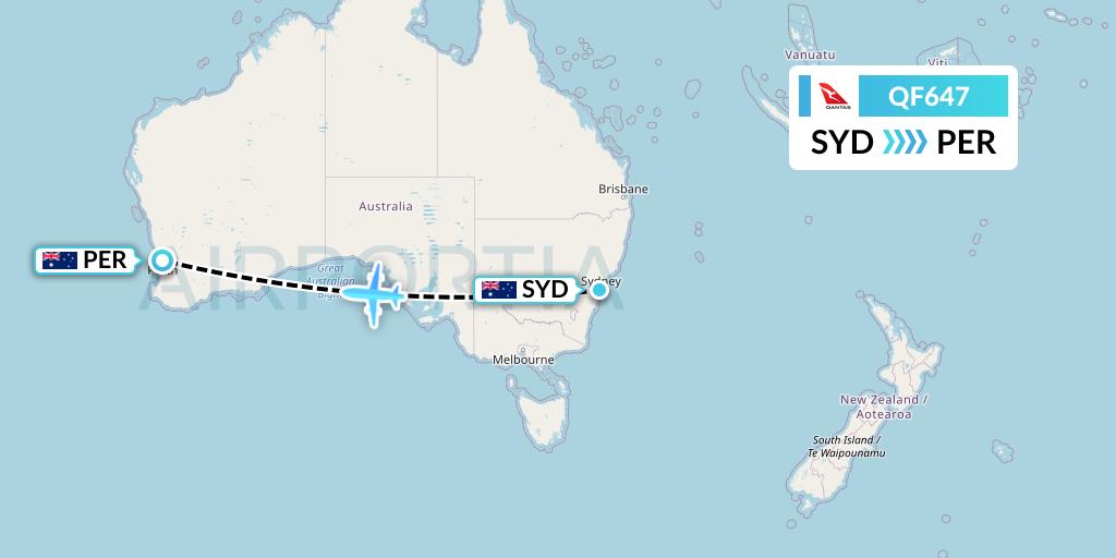 QF647 Qantas Flight Map: Sydney to Perth