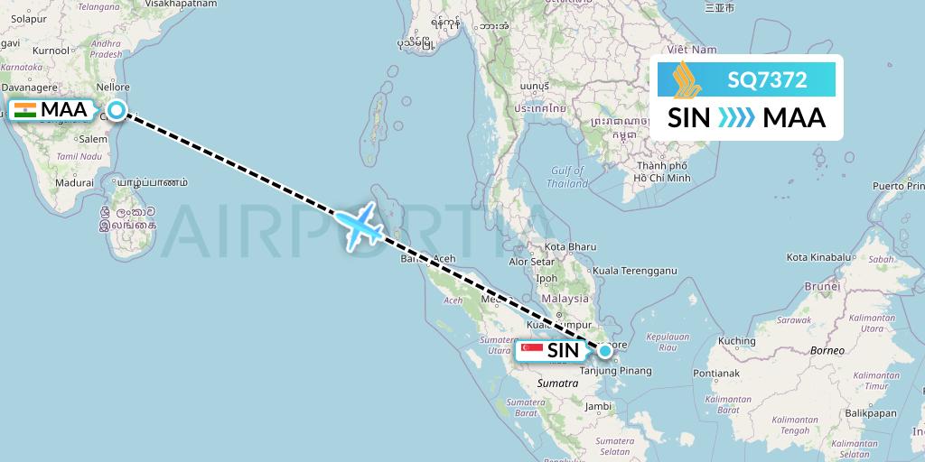 SQ7372 Singapore Airlines Flight Map: Singapore to Chennai