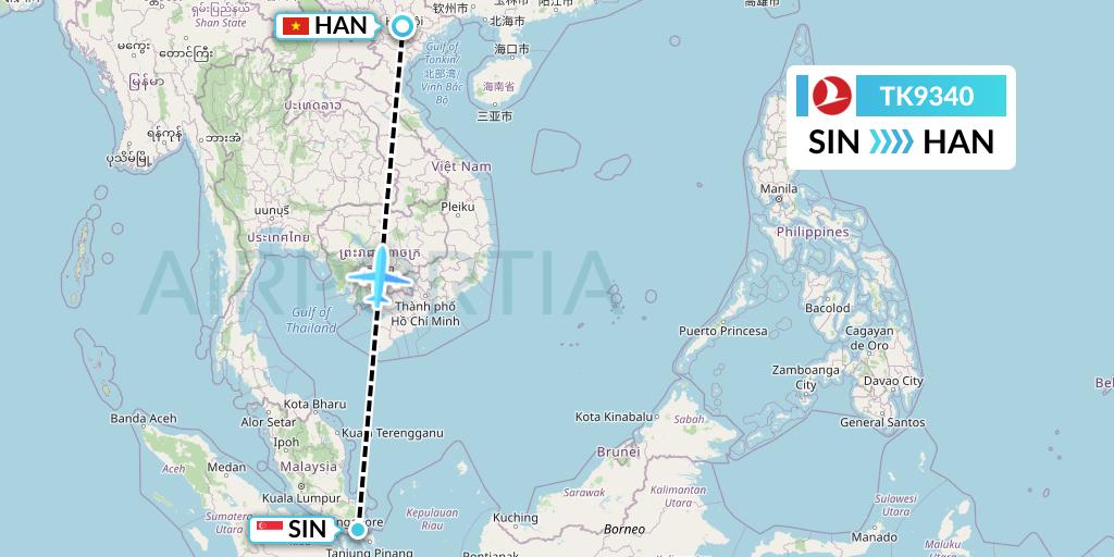TK9340 Turkish Airlines Flight Map: Singapore to Hanoi