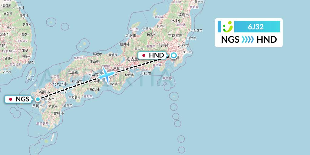 6J32 Solaseed Air Flight Map: Nagasaki to Tokyo
