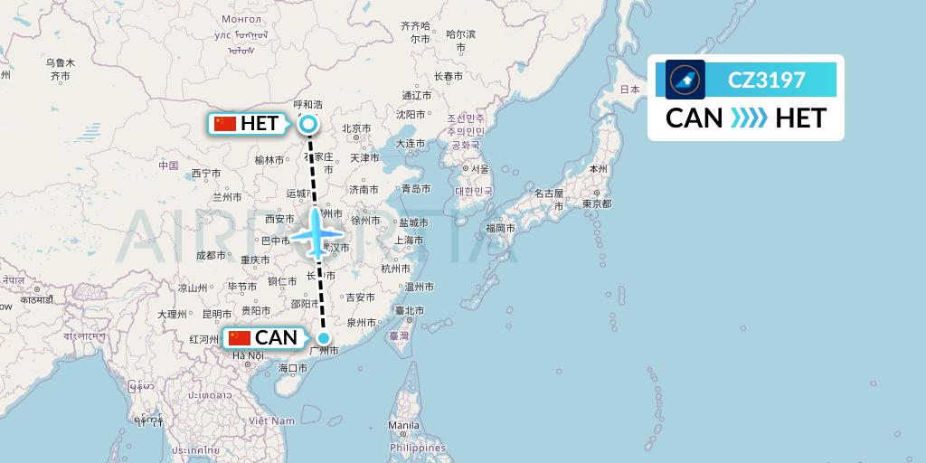 CZ3197 China Southern Airlines Flight Map: Guangzhou to Hohhot