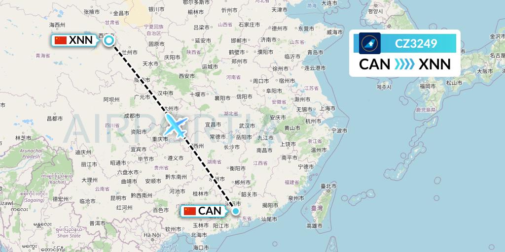 CZ3249 China Southern Airlines Flight Map: Guangzhou to Xining
