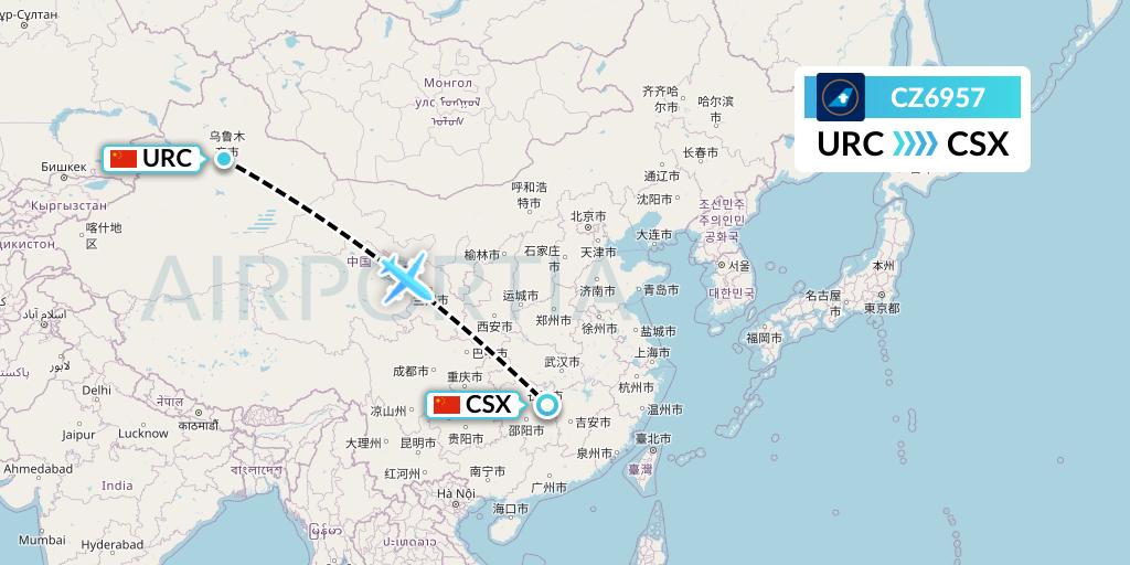 CZ6957 China Southern Airlines Flight Map: Urumqi to Changsha