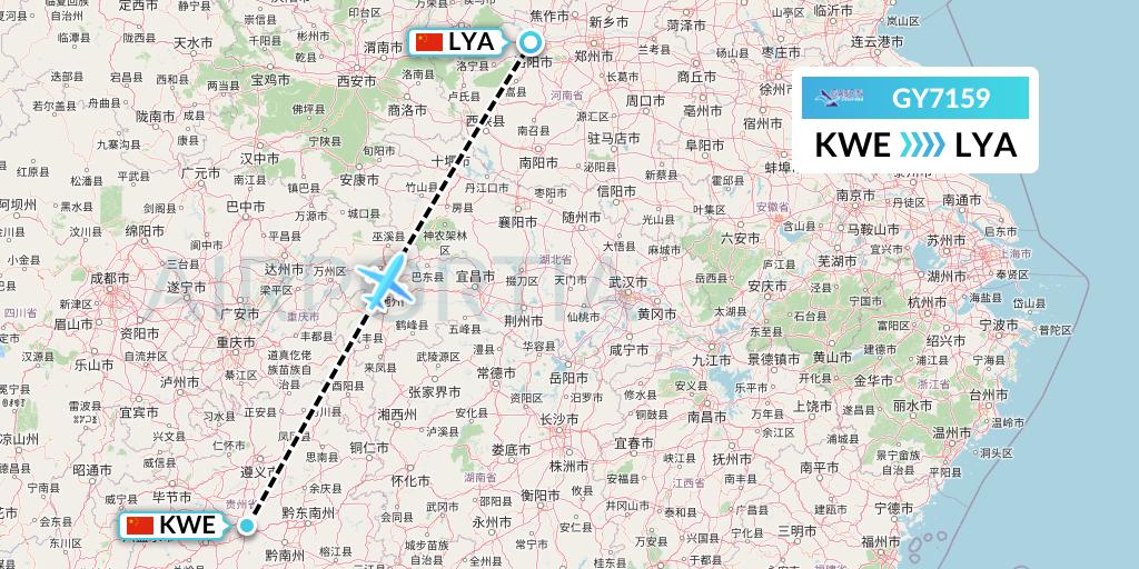 GY7159 Colorful GuiZhou Airlines Flight Map: Guiyang to Luoyang