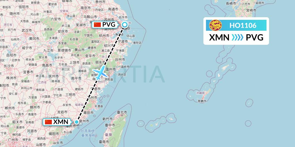 HO1106 Juneyao Airlines Flight Map: Xiamen to Shanghai