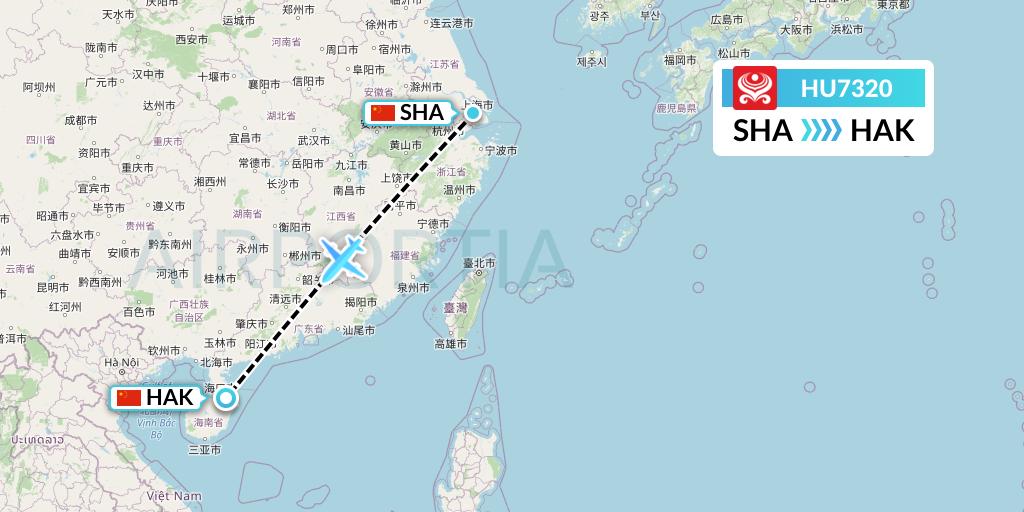 HU7320 Hainan Airlines Flight Map: Shanghai to Haikou