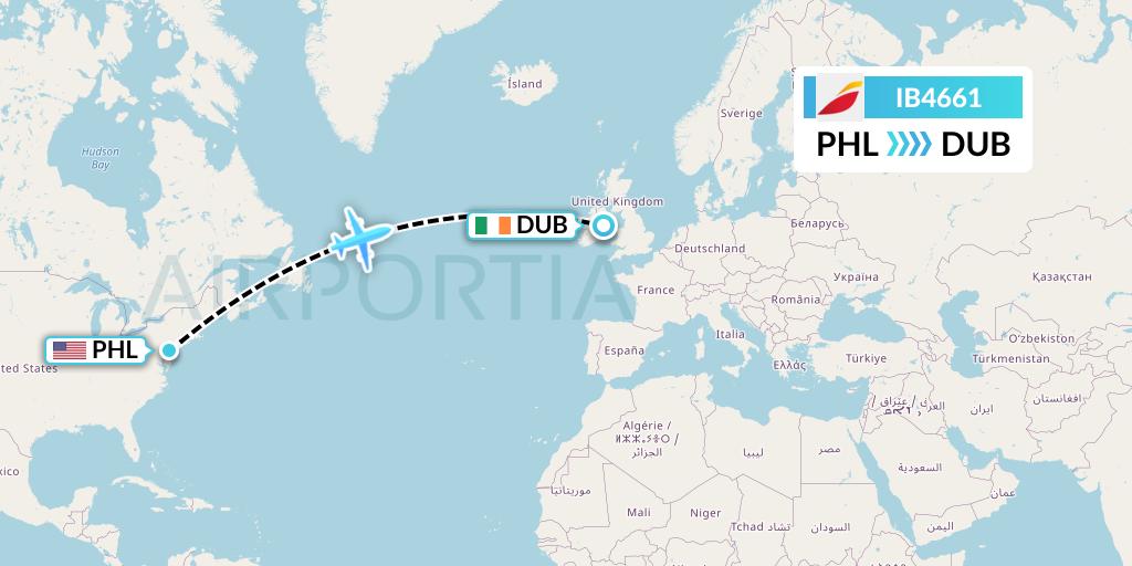 IB4661 Iberia Flight Map: Philadelphia to Dublin