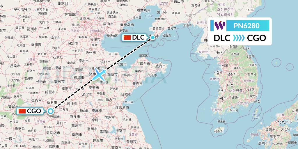 PN6280 China West Air Flight Map: Dalian to Zhengzhou