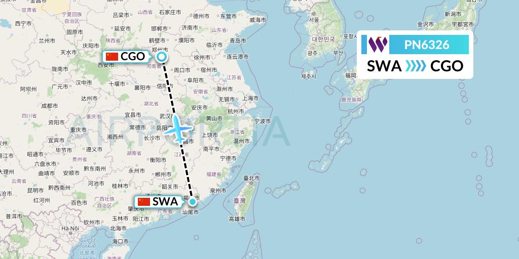 PN6326 China West Air Flight Map: Jieyang to Zhengzhou