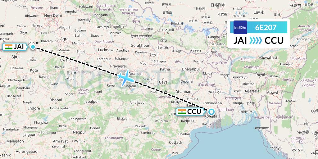 6E207 IndiGo Airlines Flight Map: Jaipur to Kolkata