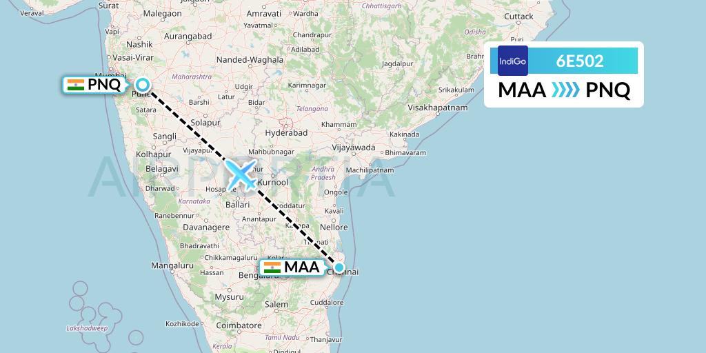 6E502 IndiGo Airlines Flight Map: Chennai to Pune