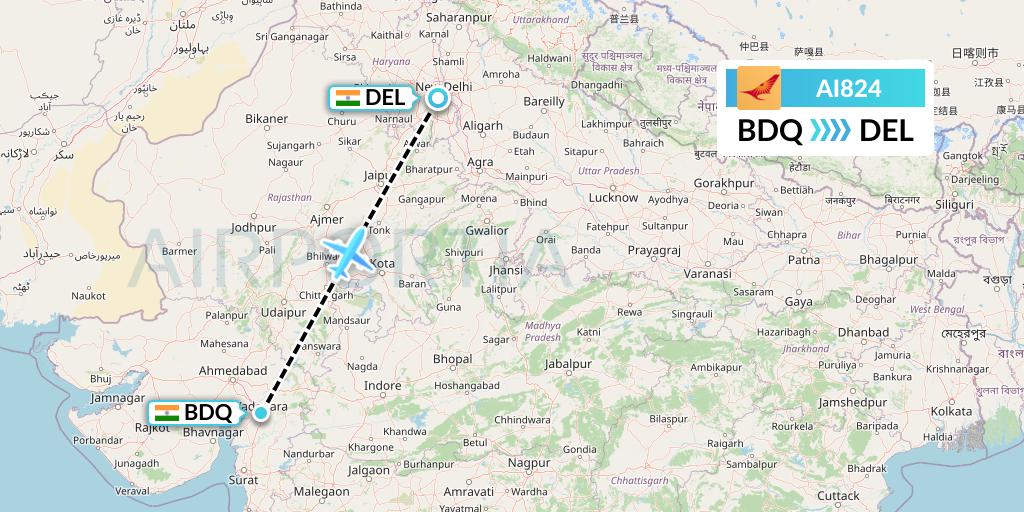 AI824 Air India Flight Map: Vadodara to Delhi
