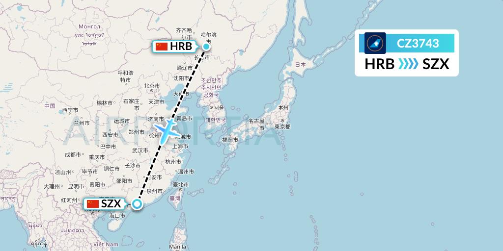 CZ3743 China Southern Airlines Flight Map: Harbin to Shenzhen