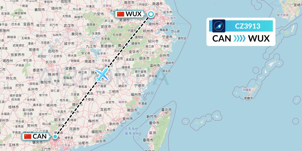 CZ3913 China Southern Airlines Flight Map: Guangzhou to Wuxi