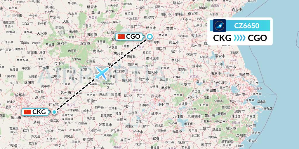 CZ6650 China Southern Airlines Flight Map: Chongqing to Zhengzhou