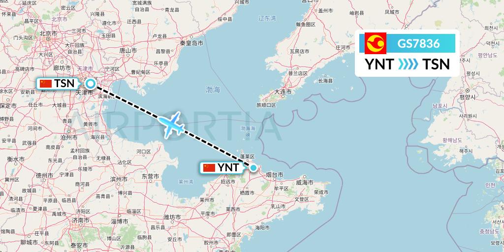 GS7836 Tianjin Airlines Flight Map: Yantai to Tianjin