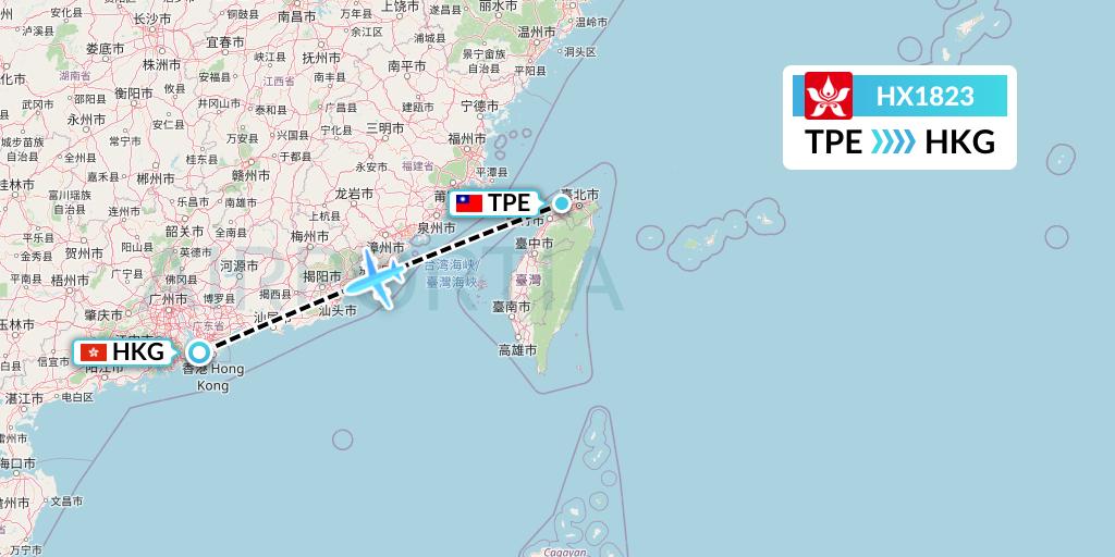 HX1823 Hong Kong Airlines Flight Map: Taipei to Hong Kong