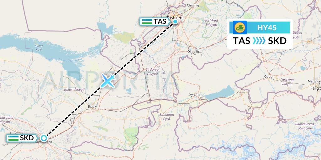 HY45 Uzbekistan Airways Flight Map: Tashkent to Samarkand
