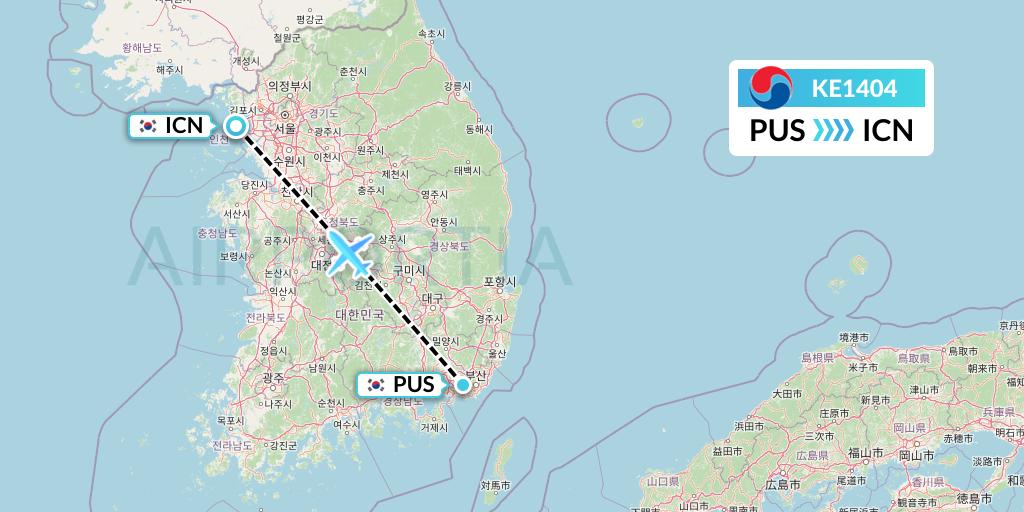 KE1404 Korean Air Flight Map: Busan to Seoul
