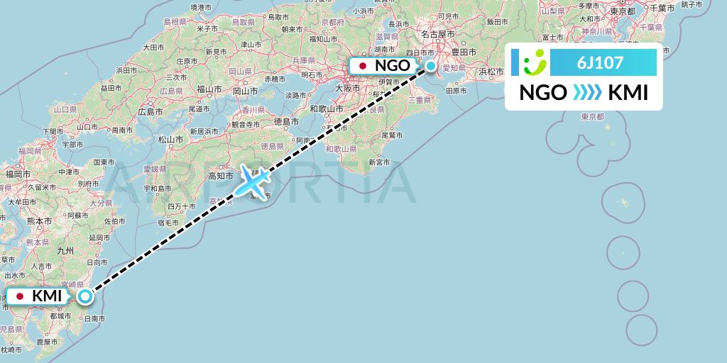 6J107 Solaseed Air Flight Map: Nagoya to Miyazaki