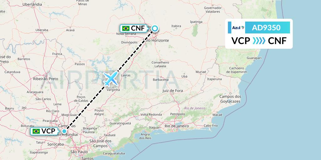AD9350 Azul Brazilian Airlines Flight Map: Campinas to Belo Horizonte