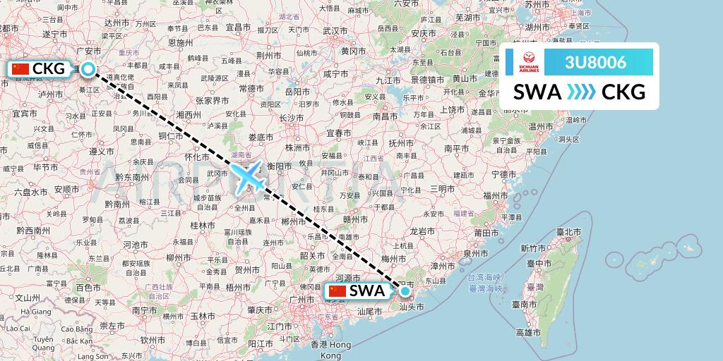 3U8006 Sichuan Airlines Flight Map: Jieyang to Chongqing