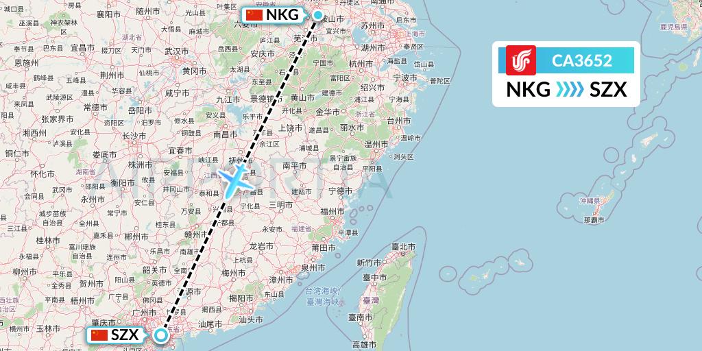CA3652 Air China Flight Map: Nanjing to Shenzhen