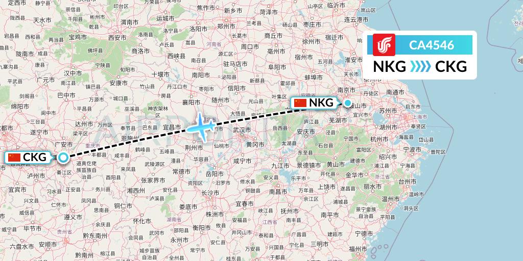 CA4546 Air China Flight Map: Nanjing to Chongqing