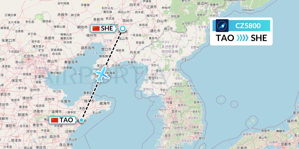 CZ5800 China Southern Airlines Flight Map: Qingdao to Shenyang
