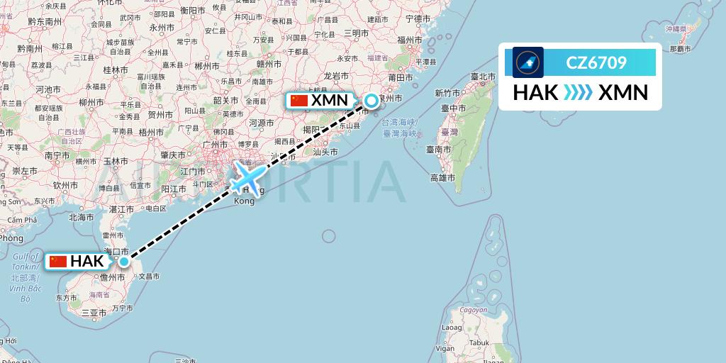 CZ6709 China Southern Airlines Flight Map: Haikou to Xiamen