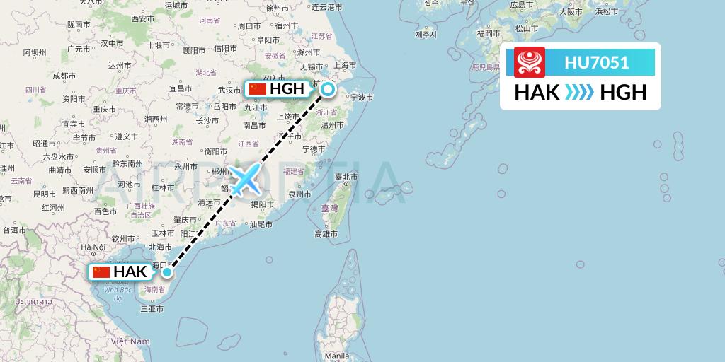 HU7051 Hainan Airlines Flight Map: Haikou to Hangzhou