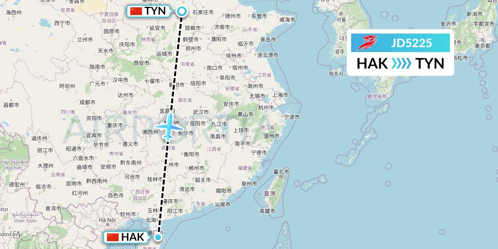 JD5225 Capital Airlines Flight Map: Haikou to Taiyuan