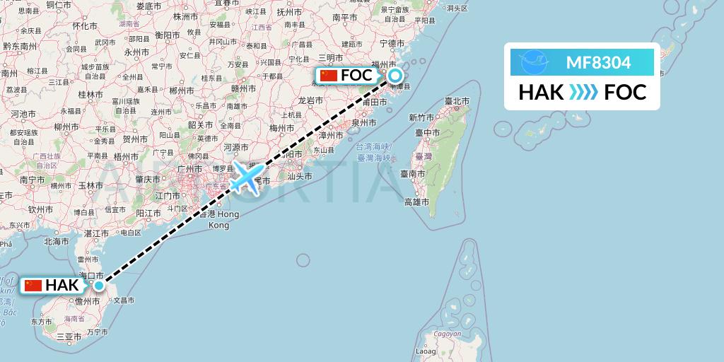 MF8304 Xiamen Airlines Flight Map: Haikou to Fuzhou