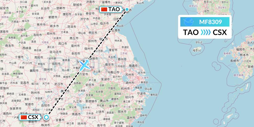 MF8309 Xiamen Airlines Flight Map: Qingdao to Changsha