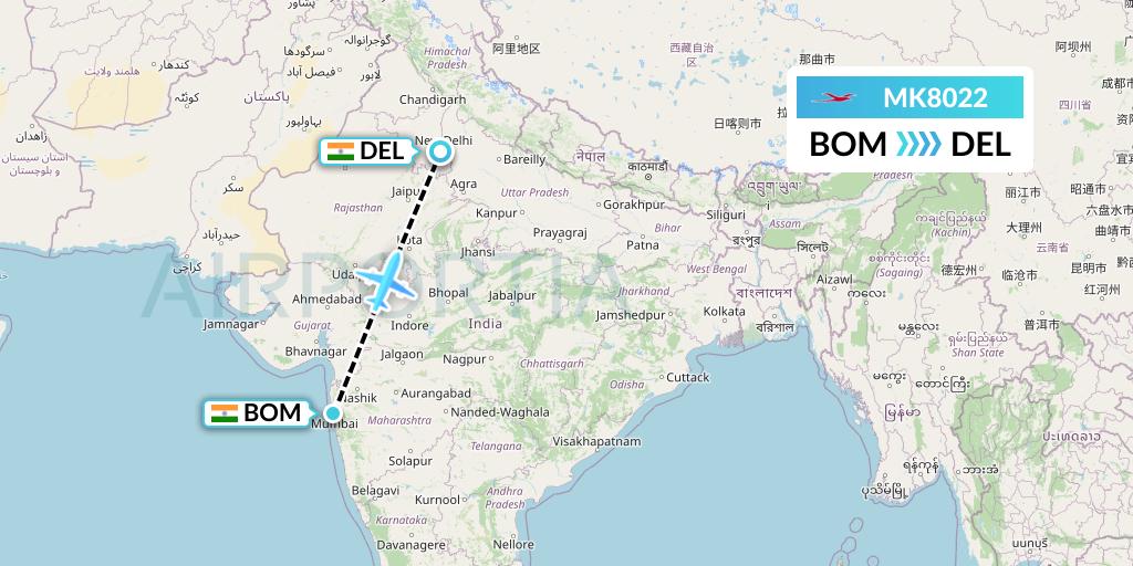 MK8022 Air Mauritius Flight Map: Mumbai to Delhi
