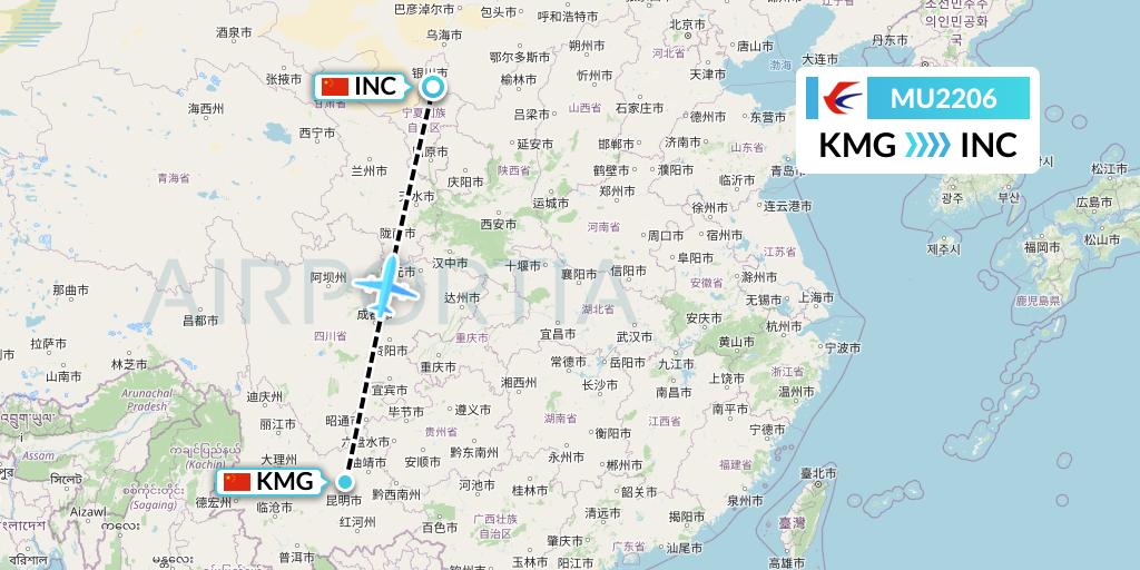 MU2206 China Eastern Airlines Flight Map: Kunming to Yinchuan