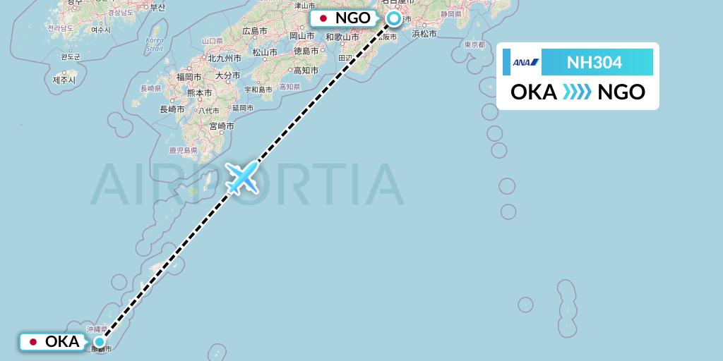 NH304 All Nippon Airways Flight Map: Naha to Nagoya