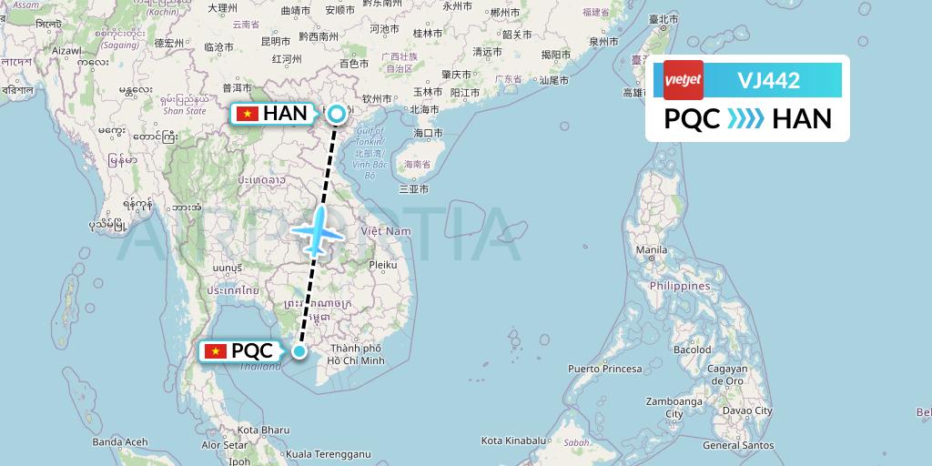 VJ442 VietJet Air Flight Map: Phu Quoc to Hanoi
