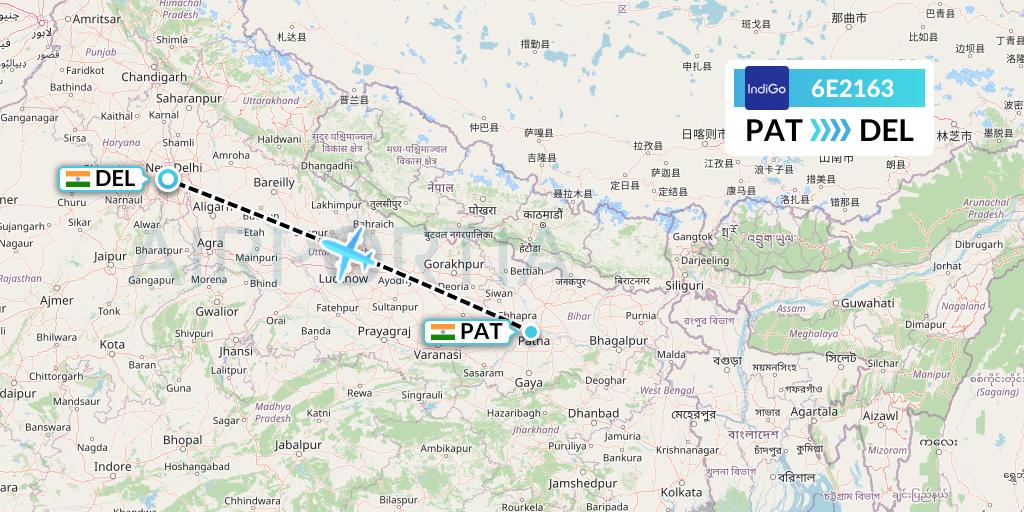 6E2163 IndiGo Airlines Flight Map: Patna to Delhi