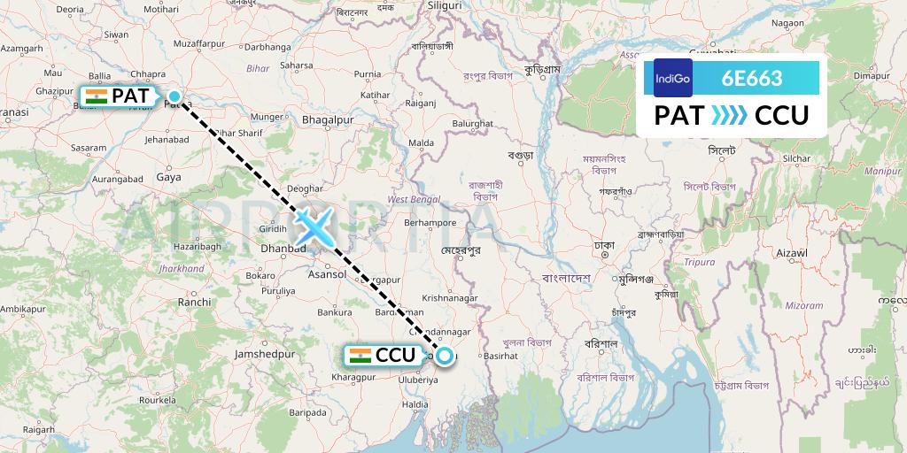 6E663 IndiGo Airlines Flight Map: Patna to Kolkata