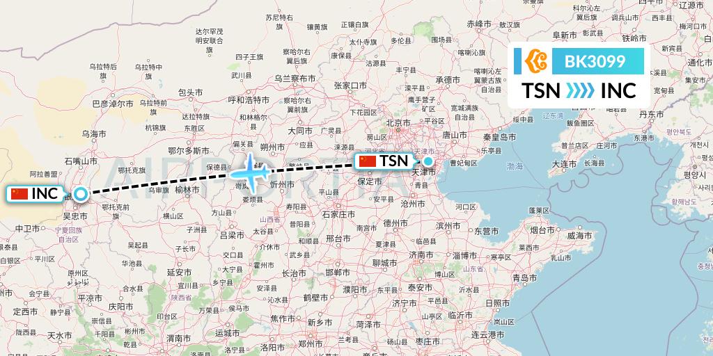 BK3099 Okay Airways Flight Map: Tianjin to Yinchuan